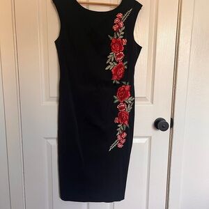 le chateau Black Midi Dress with Rose Appliqué Embroidery